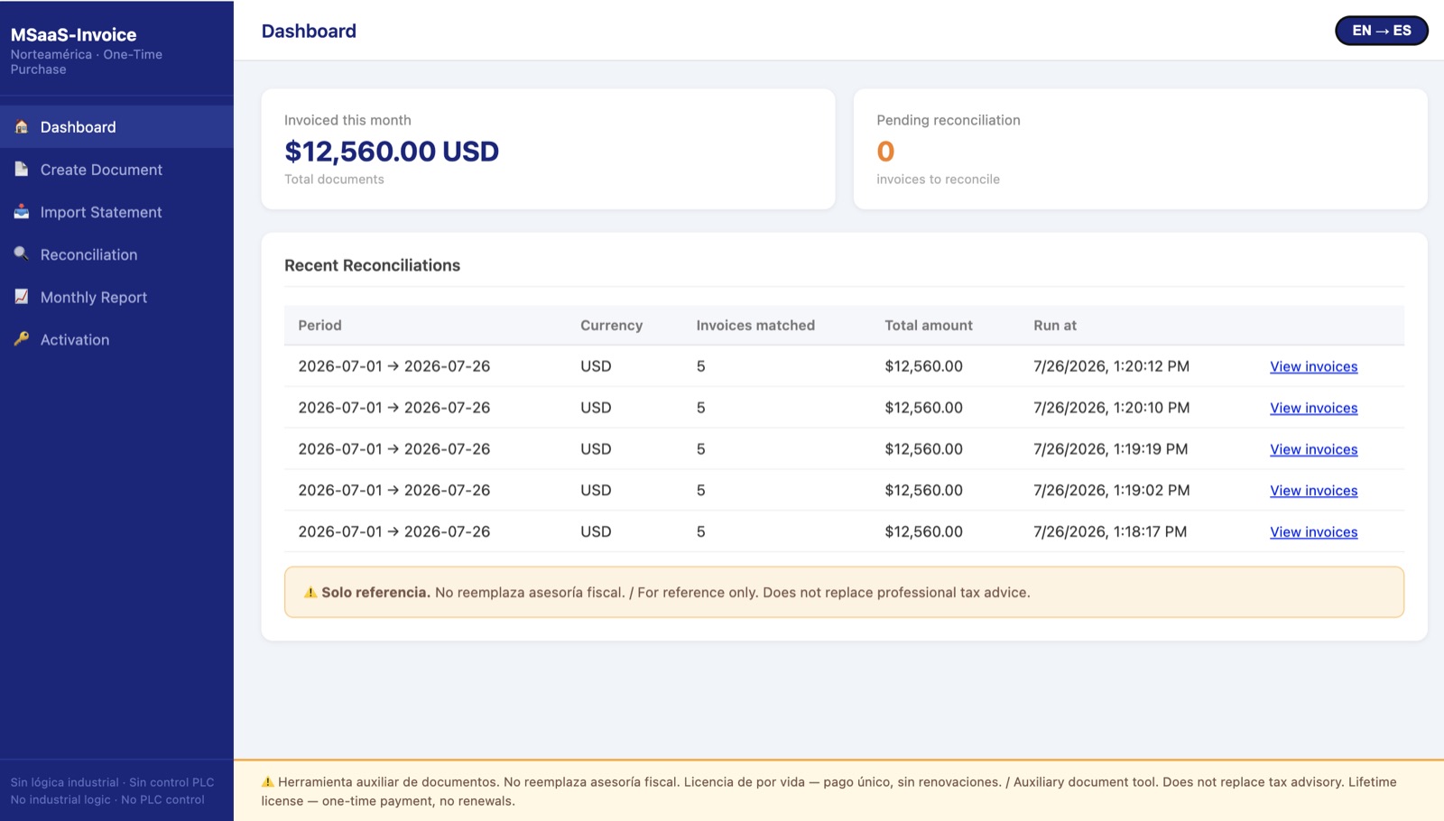 MSaaS-Invoice NA dashboard with invoiced totals and recent reconciliations
